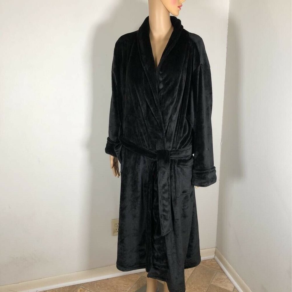 Natori Womens Plush Micro Fleece Robe Black Belted